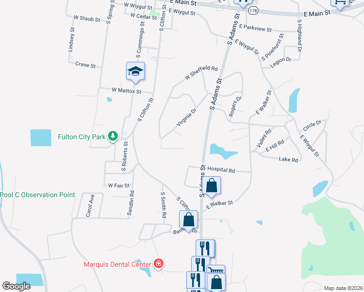 map of restaurants, bars, coffee shops, grocery stores, and more near 617 West Sheffield Road in Fulton