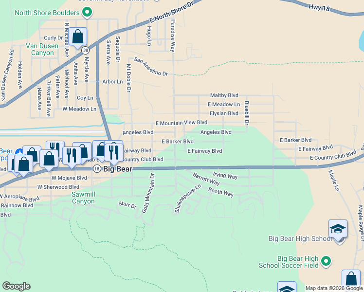 map of restaurants, bars, coffee shops, grocery stores, and more near 311 Eider Drive in Big Bear