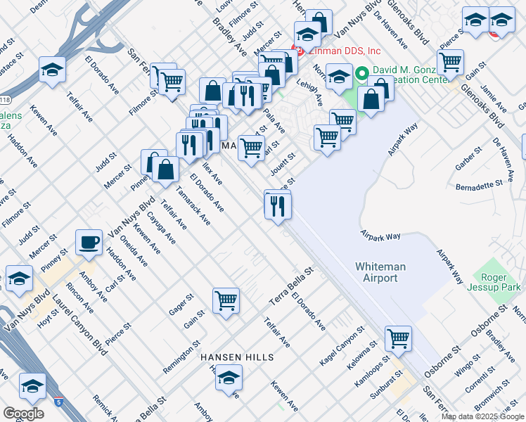 map of restaurants, bars, coffee shops, grocery stores, and more near 10615 San Fernando Road in Los Angeles