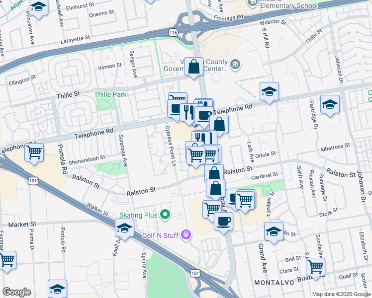 map of restaurants, bars, coffee shops, grocery stores, and more near 1275 Seacliff Court in Ventura