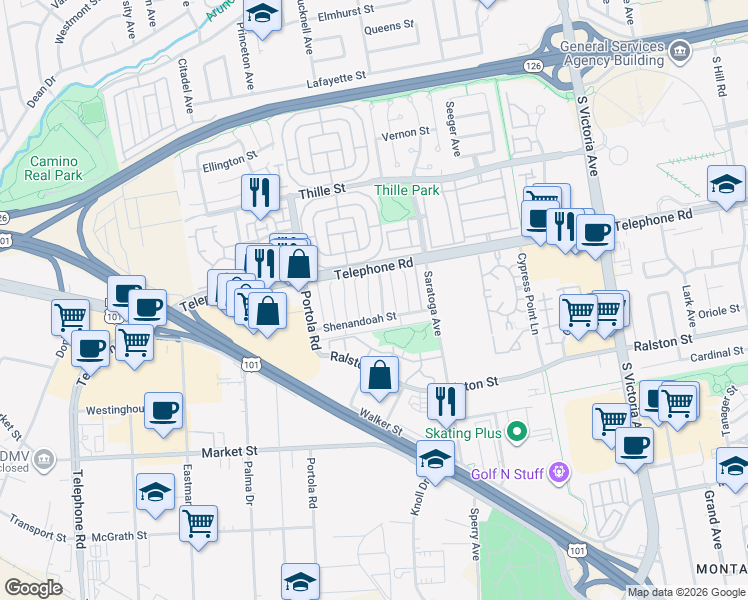 map of restaurants, bars, coffee shops, grocery stores, and more near 1186 Chalmette Avenue in Ventura