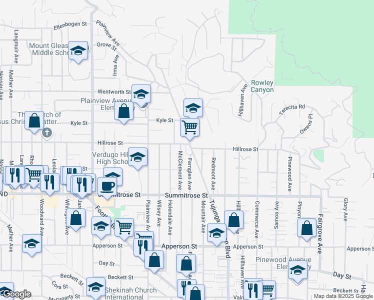 map of restaurants, bars, coffee shops, grocery stores, and more near 10655 Tujunga Canyon Boulevard in Los Angeles