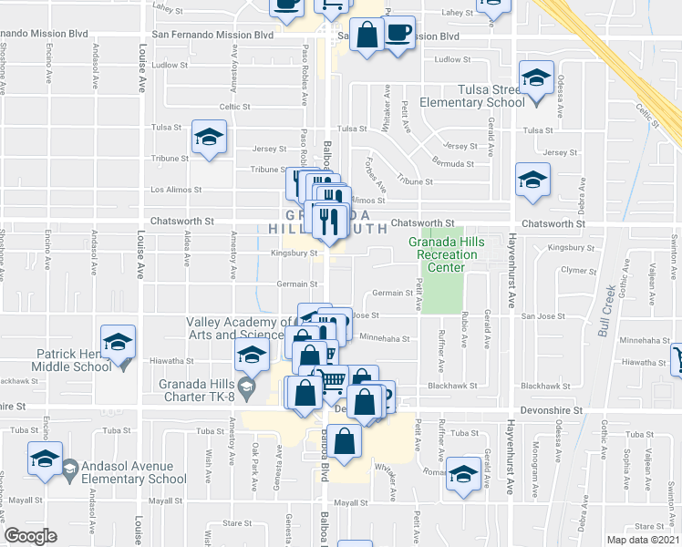 map of restaurants, bars, coffee shops, grocery stores, and more near 10620 Balboa Boulevard in Los Angeles