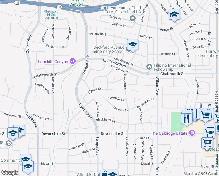 map of restaurants, bars, coffee shops, grocery stores, and more near 19155 Clymer Street in Los Angeles