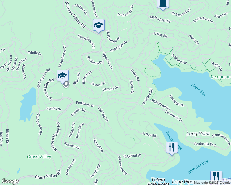 map of restaurants, bars, coffee shops, grocery stores, and more near 676 Zurich Drive in Lake Arrowhead