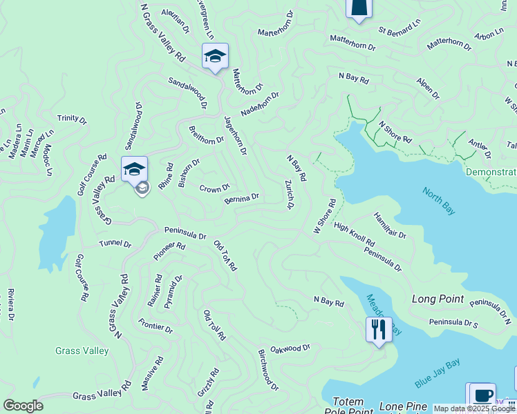 map of restaurants, bars, coffee shops, grocery stores, and more near 27409 Bernina Drive in Lake Arrowhead