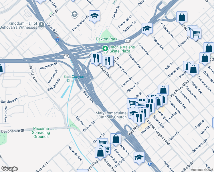 map of restaurants, bars, coffee shops, grocery stores, and more near 14010 Daventry Street in Los Angeles