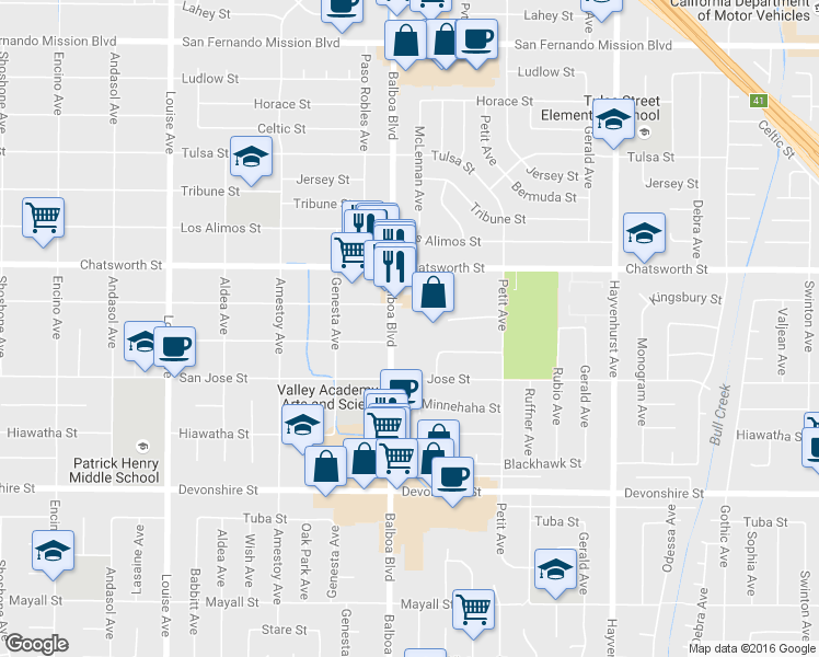 map of restaurants, bars, coffee shops, grocery stores, and more near 10620 Balboa Boulevard in Los Angeles