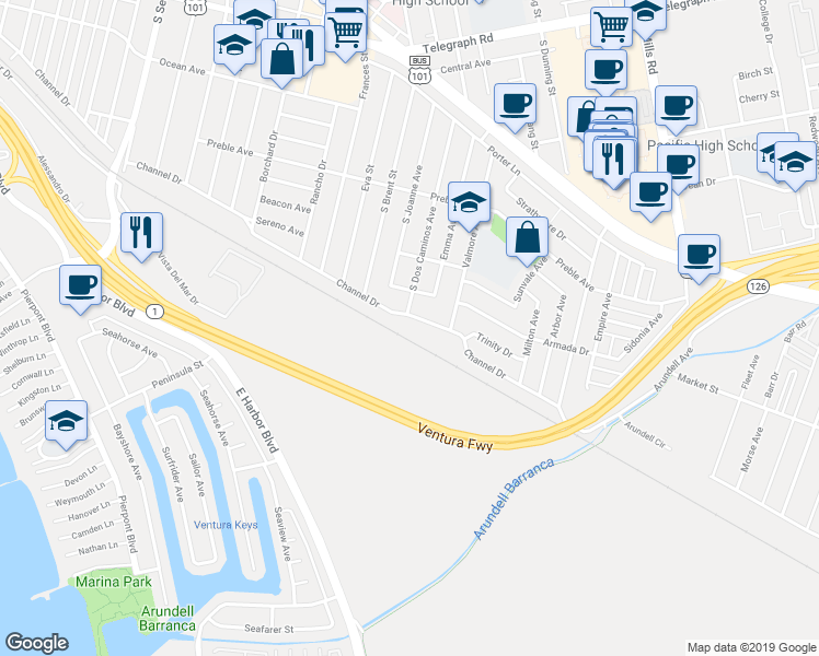 map of restaurants, bars, coffee shops, grocery stores, and more near 3030 Channel Drive in Ventura