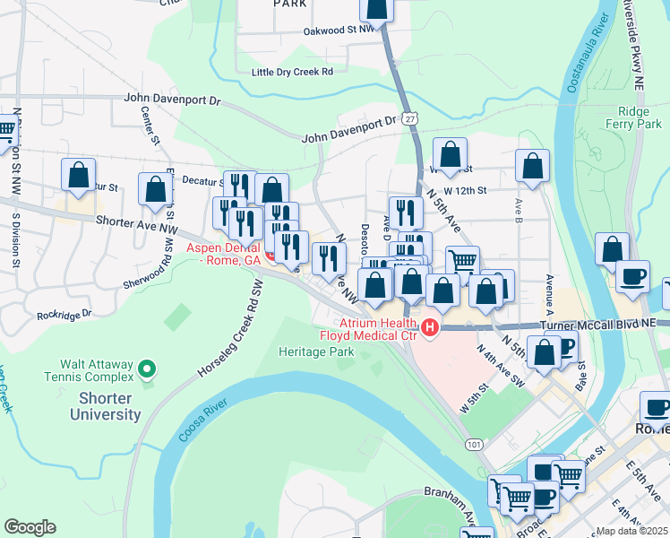 map of restaurants, bars, coffee shops, grocery stores, and more near 1005 North 2nd Avenue Northwest in Rome