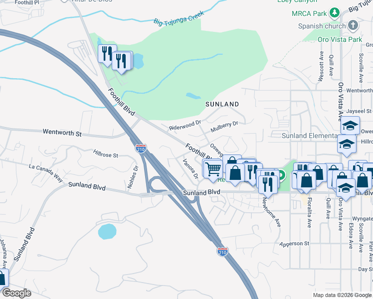 map of restaurants, bars, coffee shops, grocery stores, and more near 9001 Hillrose Street in Los Angeles