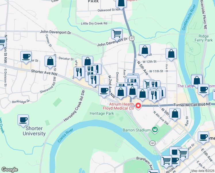 map of restaurants, bars, coffee shops, grocery stores, and more near 938 North 2nd Avenue Northwest in Rome