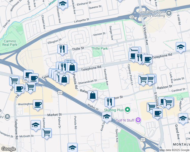 map of restaurants, bars, coffee shops, grocery stores, and more near 1212 Chalmette Avenue in Ventura