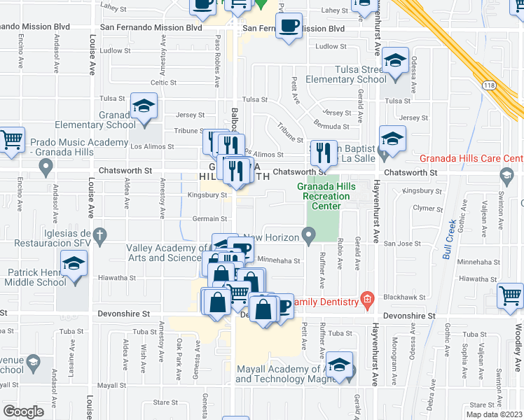 map of restaurants, bars, coffee shops, grocery stores, and more near 16866 Kingsbury Street in Los Angeles