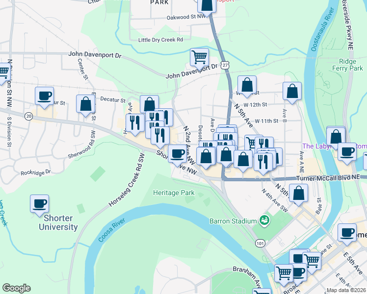 map of restaurants, bars, coffee shops, grocery stores, and more near 938 North 2nd Avenue Northwest in Rome