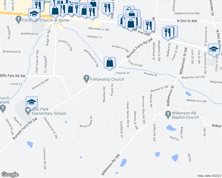 map of restaurants, bars, coffee shops, grocery stores, and more near 104 Payne Road in Rome