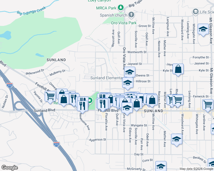 map of restaurants, bars, coffee shops, grocery stores, and more near 10647 Floralita Avenue in Los Angeles