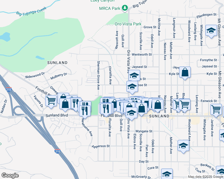 map of restaurants, bars, coffee shops, grocery stores, and more near 10647 Floralita Avenue in Los Angeles
