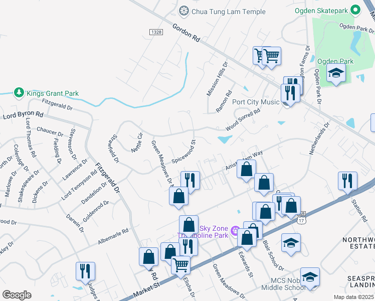 map of restaurants, bars, coffee shops, grocery stores, and more near 6400 Spicewood Street in Wilmington