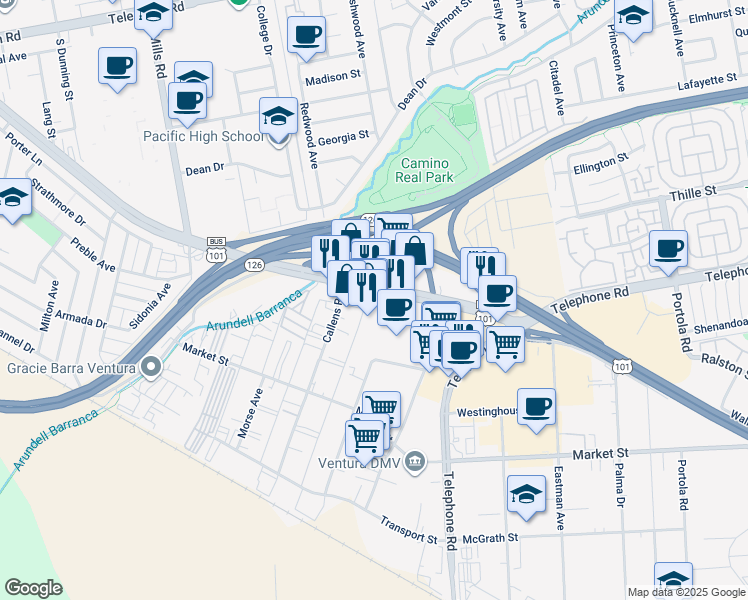 map of restaurants, bars, coffee shops, grocery stores, and more near 4048 East Main Street in Ventura
