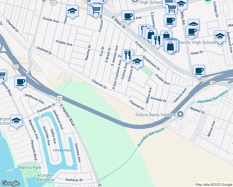 map of restaurants, bars, coffee shops, grocery stores, and more near 3074 Channel Drive in Ventura
