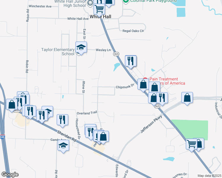map of restaurants, bars, coffee shops, grocery stores, and more near 138 Chipmunk Drive in White Hall