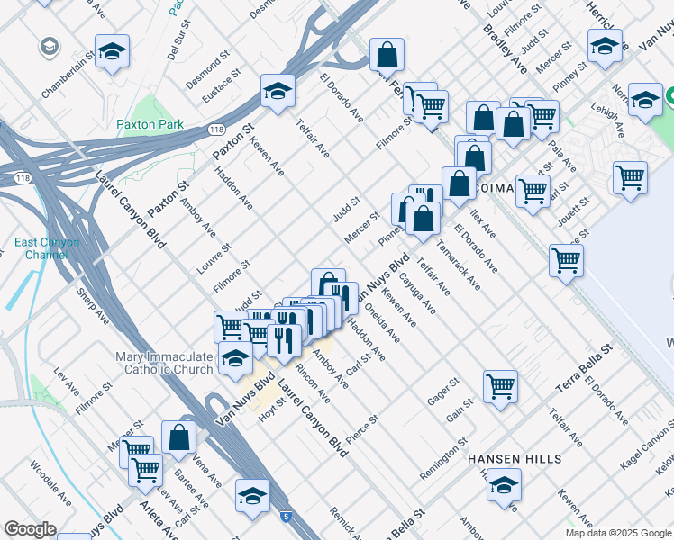 map of restaurants, bars, coffee shops, grocery stores, and more near 10566 Haddon Avenue in Los Angeles