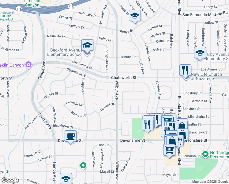 map of restaurants, bars, coffee shops, grocery stores, and more near 18900 Kingsbury Street in Los Angeles