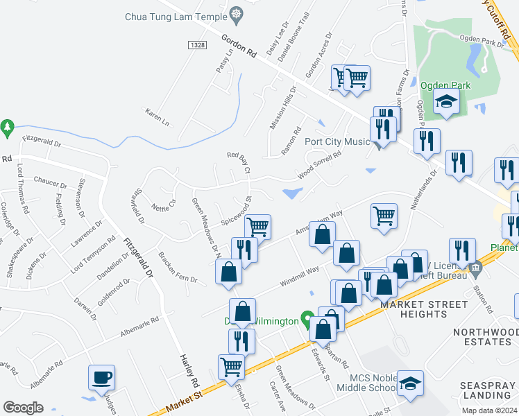 map of restaurants, bars, coffee shops, grocery stores, and more near 6517 Spicewood Street in Wilmington