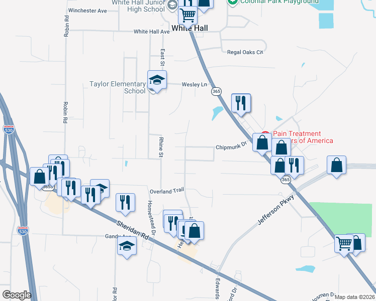 map of restaurants, bars, coffee shops, grocery stores, and more near 162 Chipmunk Drive in White Hall