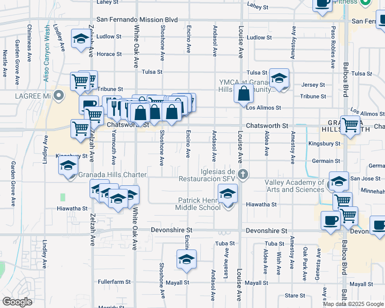 map of restaurants, bars, coffee shops, grocery stores, and more near 10558 Encino Avenue in Los Angeles