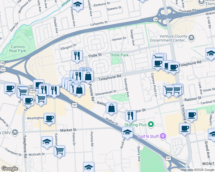 map of restaurants, bars, coffee shops, grocery stores, and more near 1157 Bryce Way in Ventura