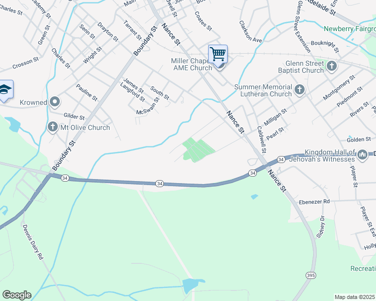 map of restaurants, bars, coffee shops, grocery stores, and more near 614 Milligan Street in Newberry