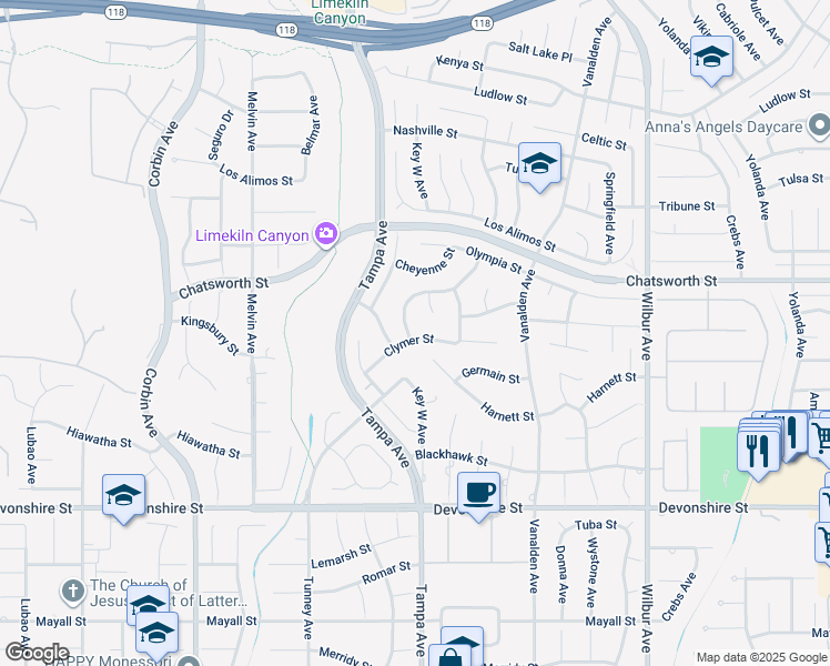 map of restaurants, bars, coffee shops, grocery stores, and more near 19251 Clymer Street in Los Angeles