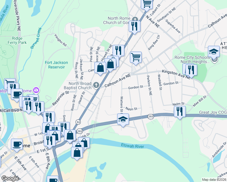 map of restaurants, bars, coffee shops, grocery stores, and more near 310 Grady Avenue Northeast in Rome