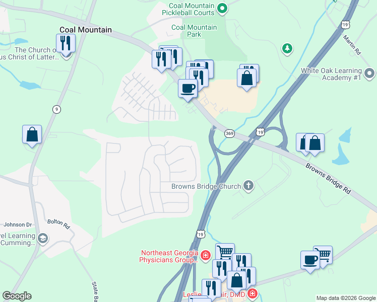map of restaurants, bars, coffee shops, grocery stores, and more near 5480 Rialto Way in Cumming