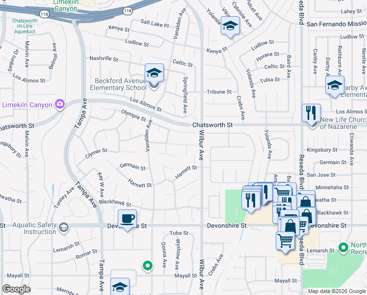 map of restaurants, bars, coffee shops, grocery stores, and more near 18940 Kingsbury Street in Los Angeles