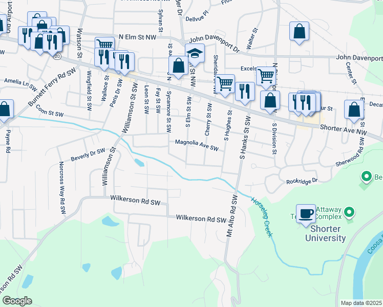 map of restaurants, bars, coffee shops, grocery stores, and more near 209 South Elm Street Southwest in Rome