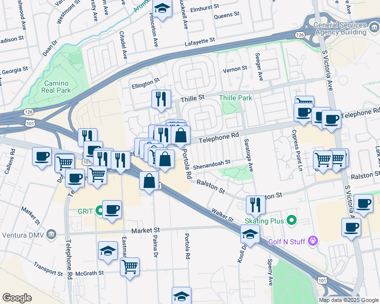 map of restaurants, bars, coffee shops, grocery stores, and more near 1138 Portola Road in Ventura