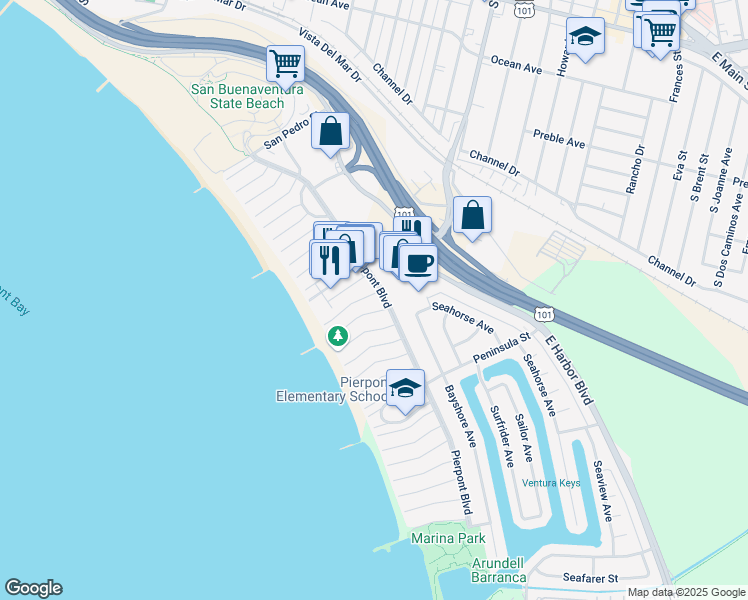 map of restaurants, bars, coffee shops, grocery stores, and more near 2401 Pierpont Boulevard in Ventura