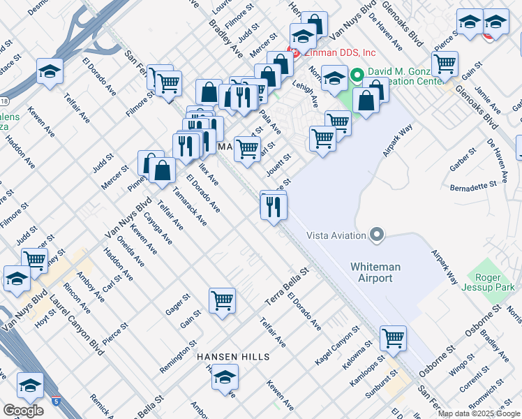 map of restaurants, bars, coffee shops, grocery stores, and more near 10615 San Fernando Road in Los Angeles