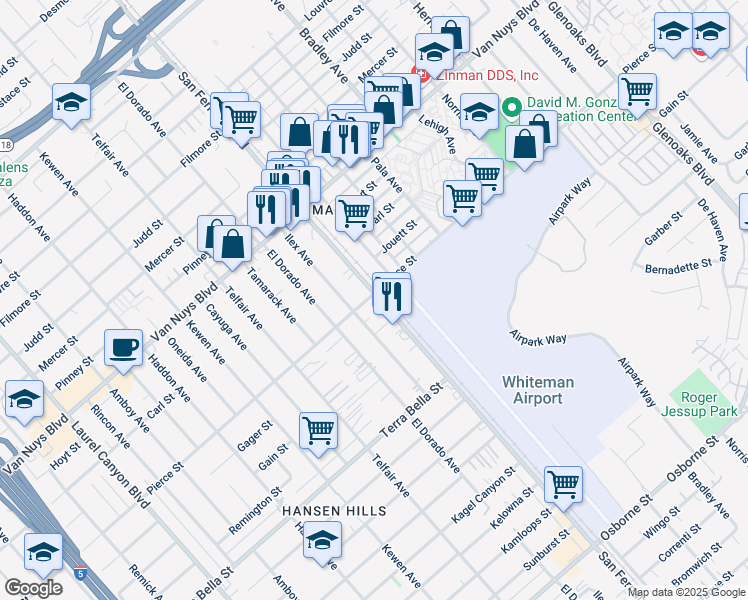 map of restaurants, bars, coffee shops, grocery stores, and more near 10615 San Fernando Road in Los Angeles