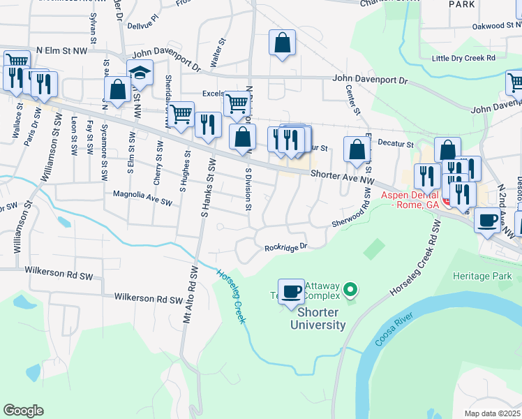 map of restaurants, bars, coffee shops, grocery stores, and more near 18 Rosewood Road Southwest in Rome