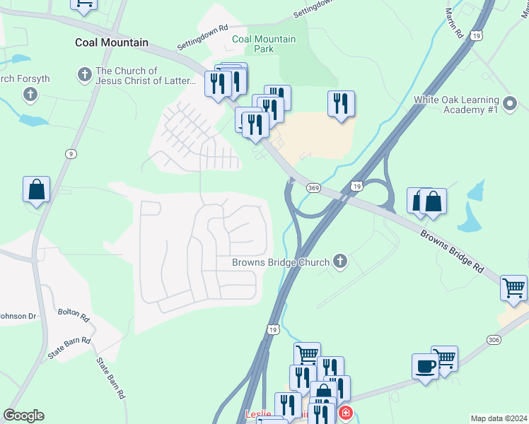 map of restaurants, bars, coffee shops, grocery stores, and more near 5485 Rialto Way in Cumming