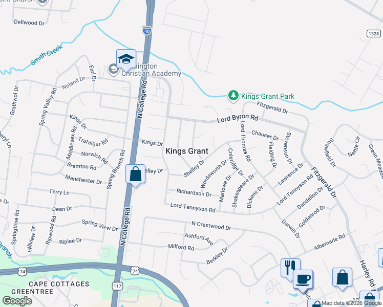map of restaurants, bars, coffee shops, grocery stores, and more near in Kings Grant