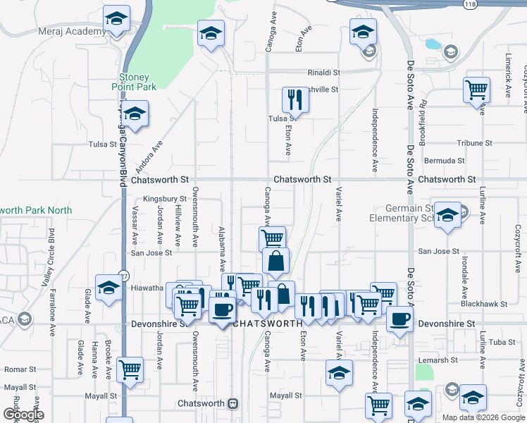 map of restaurants, bars, coffee shops, grocery stores, and more near 21404 Germain Street in Los Angeles