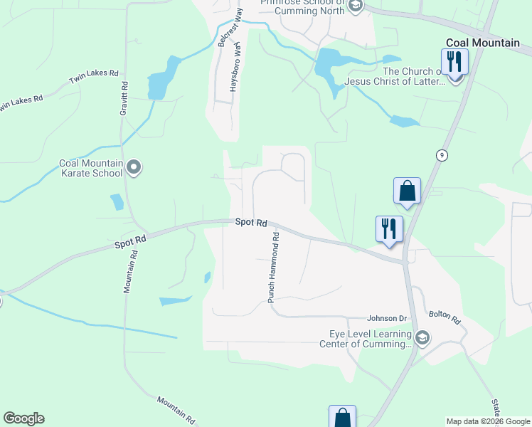 map of restaurants, bars, coffee shops, grocery stores, and more near 3020 Spot Road in Cumming