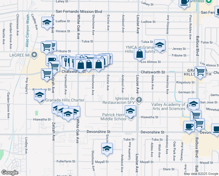map of restaurants, bars, coffee shops, grocery stores, and more near 10562 Encino Avenue in Los Angeles