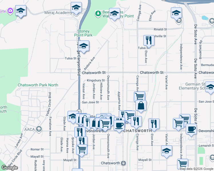 map of restaurants, bars, coffee shops, grocery stores, and more near 10607 Owensmouth Avenue in Los Angeles
