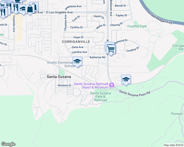 map of restaurants, bars, coffee shops, grocery stores, and more near 6480 Katherine Road in Simi Valley